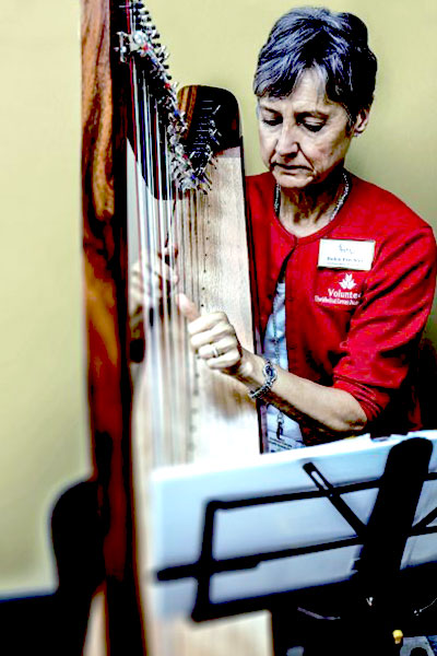 hospice volunteer playing harp