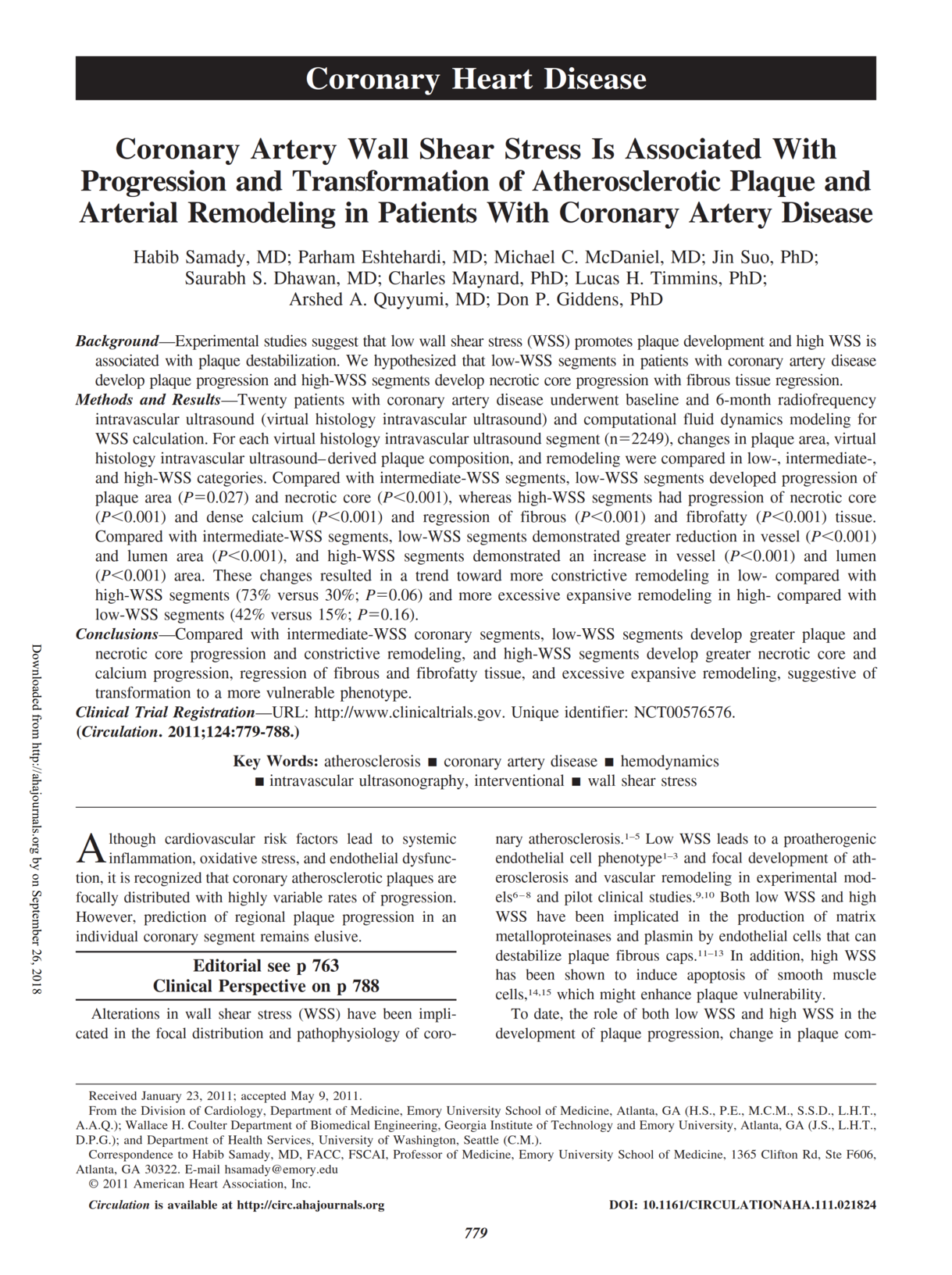 Coronary artery wall shear stress is associated with progression and transformation of atherosclerotic plaque and arterial remodeling in patients with coronary artery disease