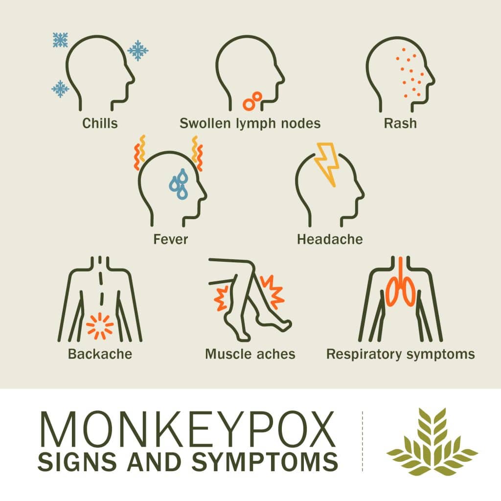 Graphic of monkey pox symptom. From left to right, chills, swollen lymph nodes, rash, fever, headache, backache, muscle aches, respiratory symptoms.