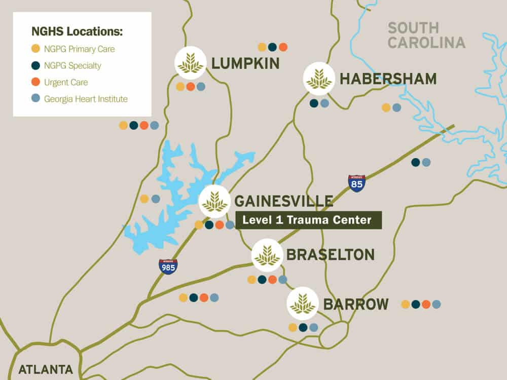 Map showing Northeast Georgia Health System's five hospital campuses